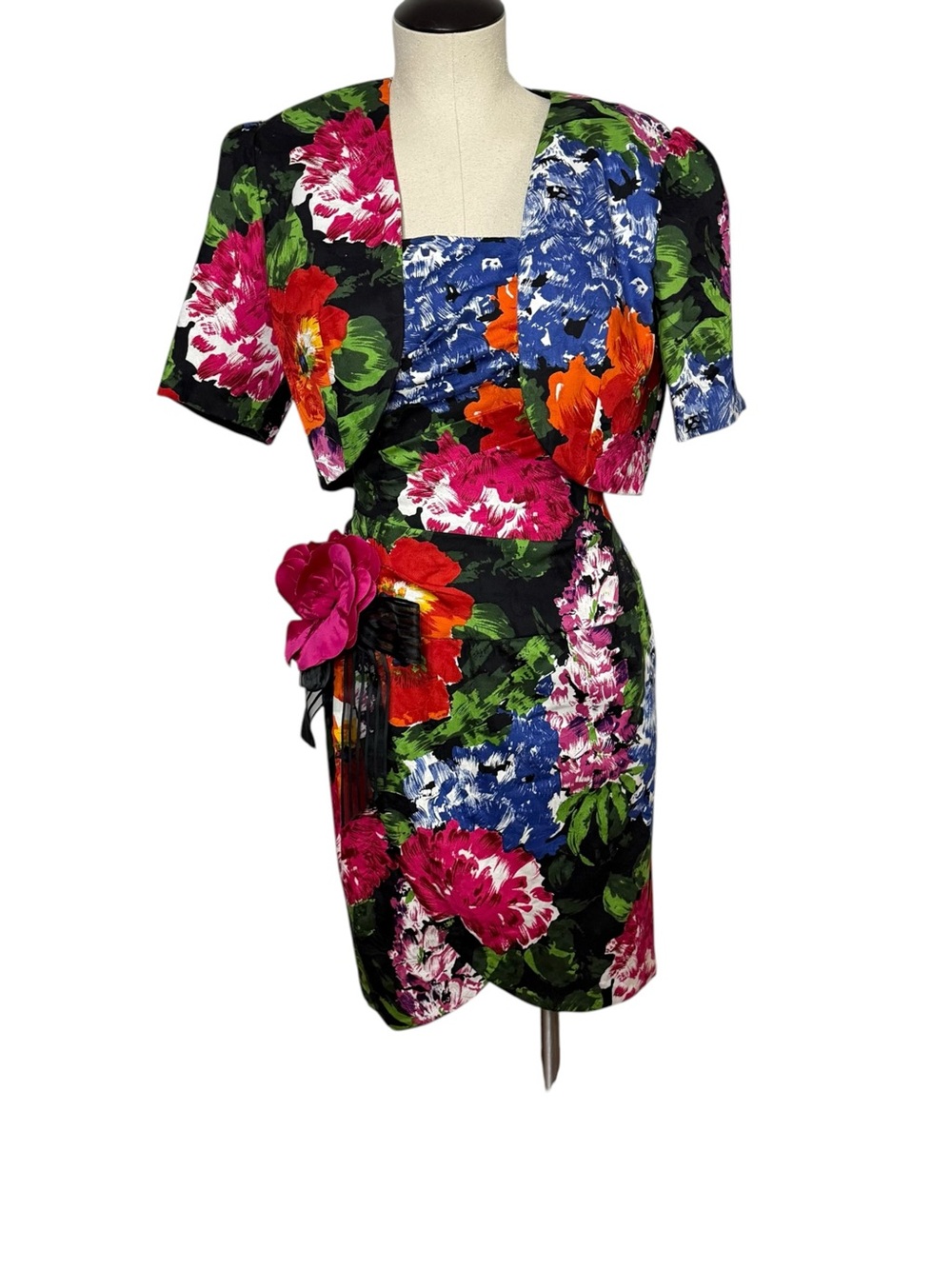 Vintage 1980s Julie Duroche Saks Fifth Ave Floral Strapless Dress Jacket Set 2